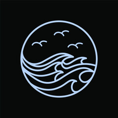 Monochrome Panoramic Ocean Waves Night Scenenery Line Art T-shirt Design Illustration