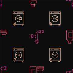 Set line Bottle of shampoo, Washer and Industry metallic pipe on seamless pattern. Vector