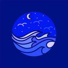Panoramic Ocean Waves Night Scenenery T-shirt Design Illustration