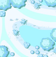 Fototapeta na wymiar Winter landscape top view. Snowy frosty nature in cold season. From high. White and blue drifts of snow. Illustration in cartoon style flat design. Vector