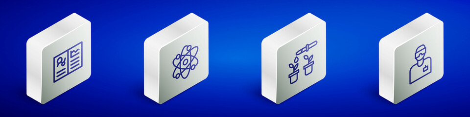 Set Isometric line Clinical record, Atom, Pipette and plant and Laboratory assistant icon. Vector
