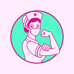 Cartoon Vintage Nurse Character Wearing Medical Mask Vector Illustration