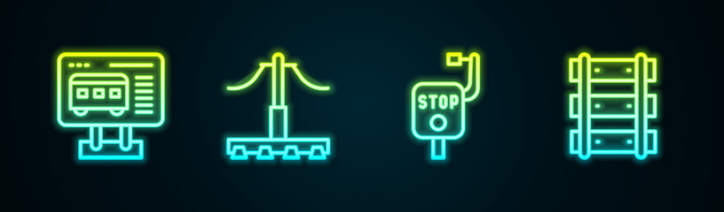 Set line Ticket office to buy tickets, Railway, Emergency brake and railroad track. Glowing neon icon. Vector
