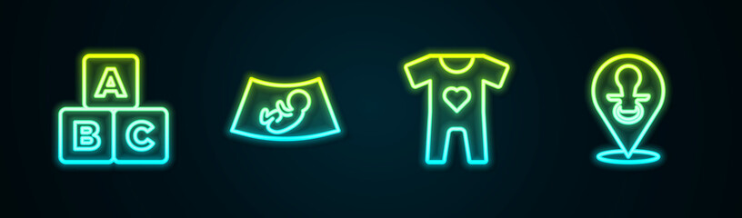 Set line ABC blocks, Ultrasound of baby, Baby clothes and dummy pacifier. Glowing neon icon. Vector