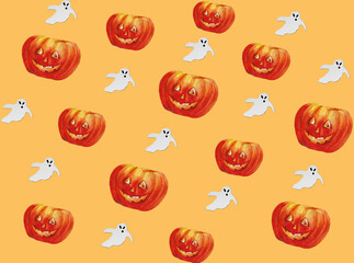 Halloween pattern with hand drawn watercolor smiley pumpkins. Scary ghosts.