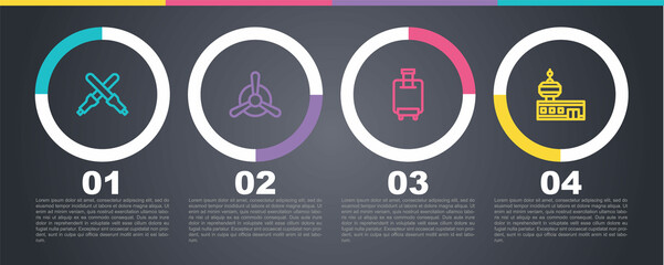 Set line Marshalling wands, Plane propeller, Suitcase and Airport control tower. Business infographic template. Vector