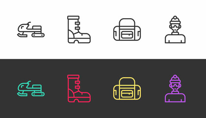 Set line Snowmobile, Waterproof rubber boot, Sport bag and Winter athlete on black and white. Vector