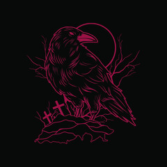 Stunning, Gothic, Red Colored Raven Tattoo And T-shirt Design Apparel, Clothing Print Art Illustration