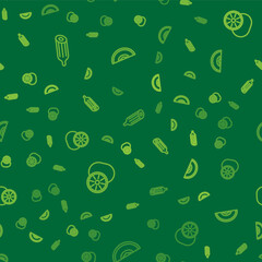 Set line Fresh cucumber, Kiwi fruit and Melon on seamless pattern. Vector
