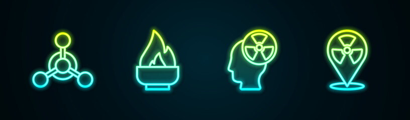 Set line Molecule, Alcohol or spirit burner, Head and radiation symbol and Radioactive in location. Glowing neon icon. Vector