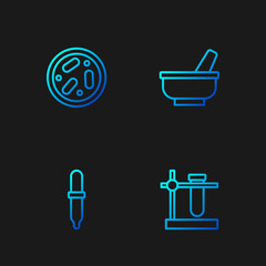Set line Test tube flask on stand, Pipette, Petri dish with bacteria and Mortar pestle. Gradient color icons. Vector