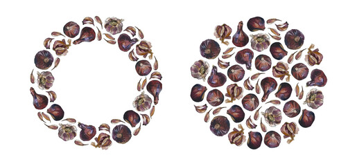 Round arrangement and wreath of red onion and garlic cloves and bulbs, isolated on white. Watercolour illustration. For recipe, menu, cookbook, card, invitation and packaging design.