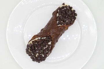 Large Chocolate Covered Cannoli on a White Plate