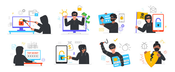 Hacker activity concept. Collection of characters stealing personal information, money, online passwords and bank cards. People cyber criminals. Cartoon flat vector set isolated on white background © Rudzhan