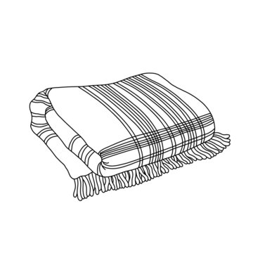 Outline Folded Checkered Tartan Plaid With Fringe. Warm Woolen Blanket. Cozy Autumn, Winter Cold Season Home Decor. Realistic  Design Element Isolated. Hand Drawn Vector Illustration, Coloring