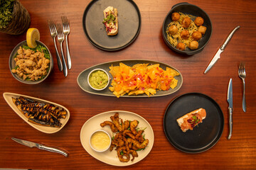 Top view image of international and Mediterranean food dishes, ham croquettes, nachos with guacamole, squid rabas, smoked salmon toasts, aubergine with cane sugar syrup