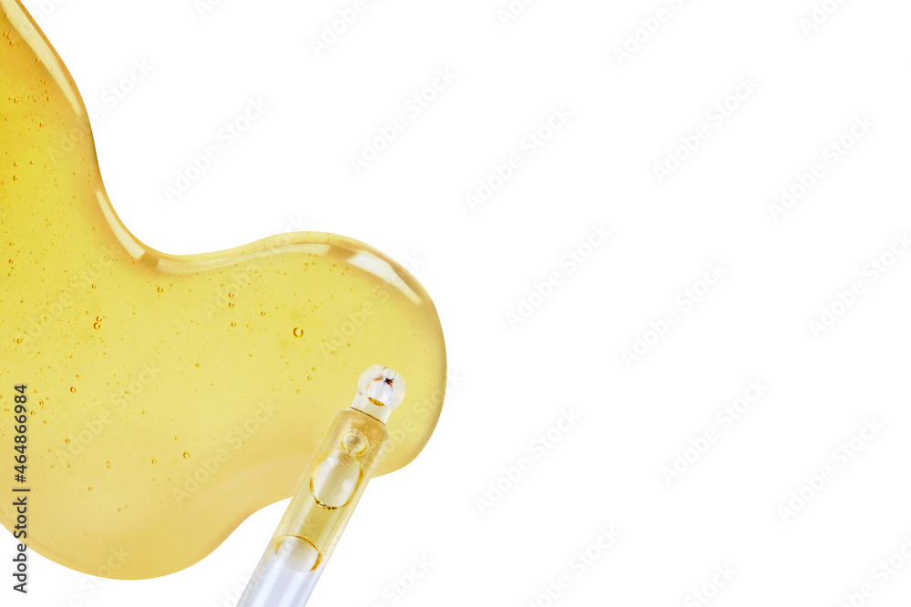 Canvas Prints yellow texture of a drop of whey or olive oil on a white background. transparent sample of cosmetic 