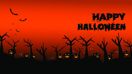 Halloween Background with Happy Halloween Text and White Space, Silhouette of Pumpkin Head and Creepy Tree. Suitable to use as the title of content with Halloween theme.