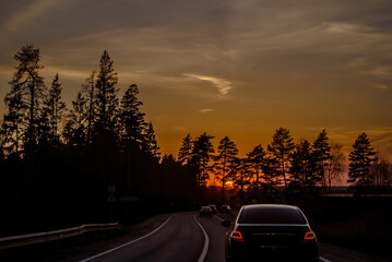 cars drive along a suburban highway in the evening during sunset. Dark silhouettes of trees against the background of the colorful setting sun. Highway traffic in sunset scene