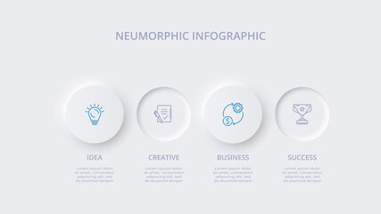 Neumorphic flow chart infographic. Creative concept for infographic with 4 steps, options, parts or processes.