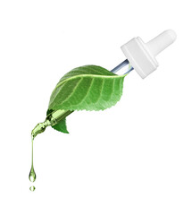 Cosmetic pipette with green leaf close-up, isolated on white background