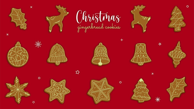 Christmas gingerbread cookies collection on red background