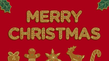 Merry Christmas postcard with decorated christmas gingerbread on red background