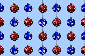 Seamless pattern with Hanging watercolor Christmas tree Balls. Hand drawn New year, Xmas backgrounds and textures. For greeting cards, wrapping paper, packaging, fabric, calendars, prints