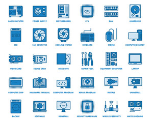Computer Hardware Icons Blue Color , Pixel Perfect Design Simple Set For Using In Website Graphics Report Logo Infographics, Best Quality Outline Symbol Collection Icon Vector Illustration