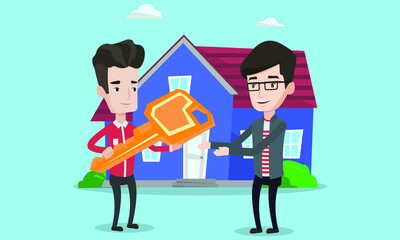 Friendly real estate agent giving the key to a new owner of a house. Real estate agent passing house keys to the cheerful client. Happy man buying a new house. Vector flat design illustration.