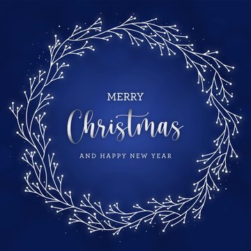 Christmas postcard white wreath concept on blue background