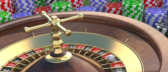 Casino roulette, golden spinning wheel, colorful chips. Gambling and betting. 3d illustration