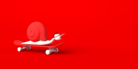 Snail on skateboard with Santa Claus hat. Copy space. 3D illustration. © Rodrigo