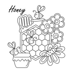 Vector illustration of honey, honeycomb bees flowers. Coloring book page, poster.