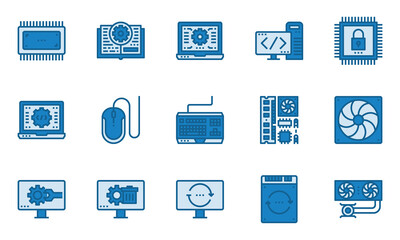 Computer Hardware Icons Blue Color, cooling system, software,laptop