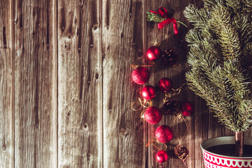 Christmas fir tree with red balls. Copy space. Selective focus.