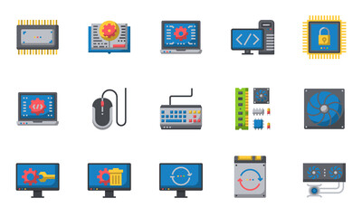 Computer Hardware Icons  Flat Color, motherboard, cpu chip, case computer,