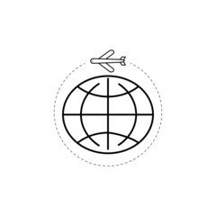 Earth globe with flying plane silhouette logo