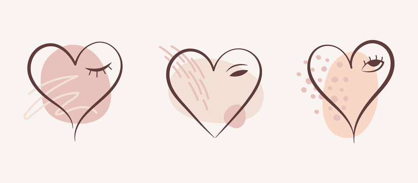 Cute doodle eyed hearts collection. Soft pastel colors Valentine's day hand drawn cute surreal illustrations set. Linear heart shapes drawings with trendy fluid, liquid pattern backgrounds.