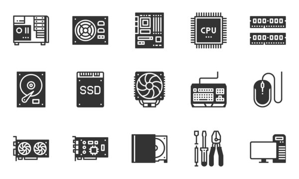 Computer Hardware Icons , motherboard, cpu chip, case computer,