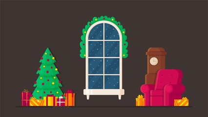 Vector illustration of a christmas window. Beautiful room decorated in a New Year's style. Cold winter evening. Cozy New Year atmosphere. 