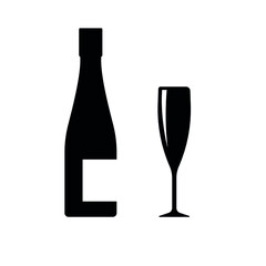 Black Wine bottle and glass  flat icon. Alcohol symbol. Silhouette Illustration Vector isolated 
