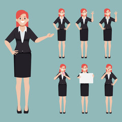 Collection business woman in suit pose set character. Flat cartoon illustration vector design.