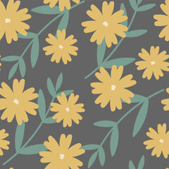 Hand drawn floral seamless pattern design. Cute yellow beige flowers on dark background. Natural botanical seamless pattern for wrapping, textile, fabric design. Cartoon style hand drawn vector print.