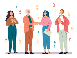 Fototapeta premium People man woman characters team congratulates winner. Vector flat graphic design illustration