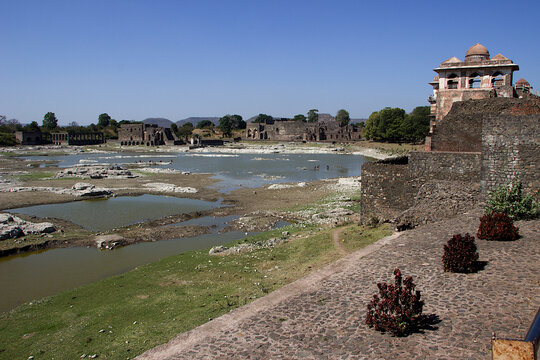 Beautiful view of Munja Tank and Jahaz Mahal at Mandav in Madhya Pradesh, India