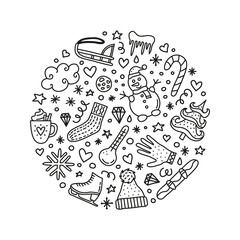 Doodle winter icons in circle.