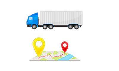 Truck and Map with Navigation Point as Shopping Logistics and Order Delivery Vector Set