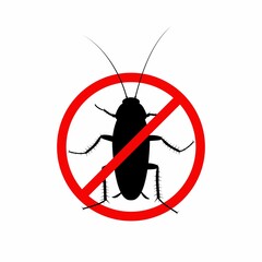 Cockroach insect in a red forbidding circle isolated on white background, Pest bug icon top view. The stop cockroach icon is forbidding sign. No pests. Flat body parasite pollution, roaches Vector