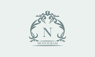 Obraz premium Graceful monogram in gray tones with the inscription and the letter N. Exquisite sign, logo of a restaurant, boutique, hotel, business